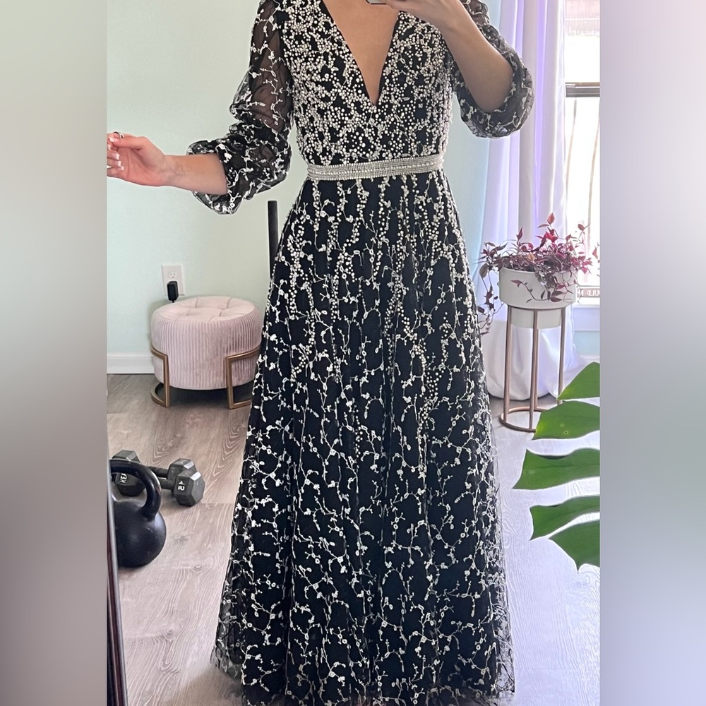 Jovani Black and White Floral Prom Dress